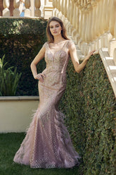 Juliet JT286 Glitter Long Mermaid Formal Feather Prom Dress