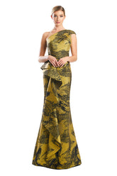 Alexander by Daymor 1782S23 Long Printed Formal Metallic Peplum Evening Dress