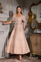 Terani Couture 252C5022 A Line Pleated Tea Length Cocktail Dress