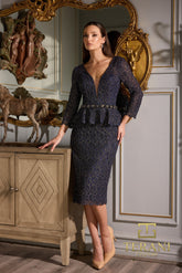 Terani Couture 252C5023 Metallic Lace Short Peplum Cocktail Dress