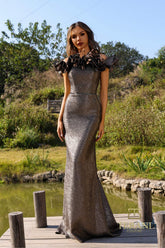 Terani Couture 252E5156 Long Ruffle Metallic Formal Dress