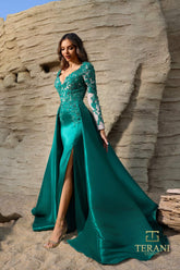 Terani Couture 252M5311 Long Sleeve Mother of the Bride Overskirt Dress