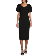 Marina 269141 Short Puffed Sleeve Fitted Cocktail Midi Dress