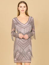 Lara Dresses 29355 Long Sleeve Beaded Fringe Short Cocktail Dress