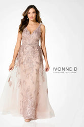 Ivonne D ID924 Long A Line Formal Beaded Applique Overskirt Dress