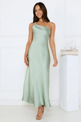 Romantic Tales Satin One Shoulder Maxi Dress Sage