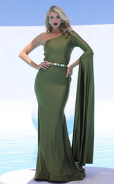 Jessica Angel 552 Fitted Long Formal Metallic Belt Evening Dress