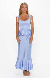 Pauline Peplum Dress ~ Borrowed Blue Luxe Satin