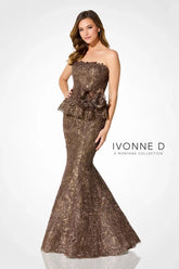 Ivonne D ID921 Metallic Long Mermaid Lace Formal Peplum Dress