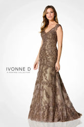 Ivonne D ID923 Long Formal Metallic Lace Applique Evening Gown