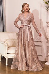 Long Sleeve Lace Floral Formal Dress by LaDivine CD233