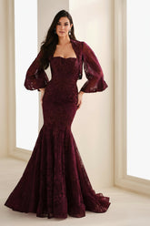 Ivonne D ID1403 Long Formal Floral Lace Evening Jacket Dress