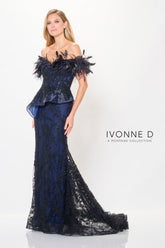 Ivonne D ID6208 Long Mermaid Formal Peplum Feather Evening Dress