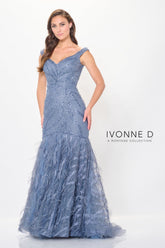 Ivonne D ID6213 Long Beaded Formal Feather Evening Dress