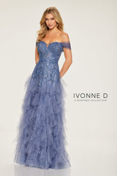 Ivonne D ID806 Long Formal Ruffled Beaded Sequin Evening Dress