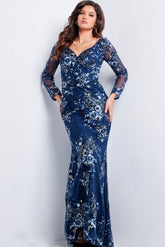 Jovani 36399 Floral Long Formal Sequin Velvet Evening Dress