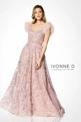 Ivonne D ID906 Long Ball Gown Feather Lace Evening Dress