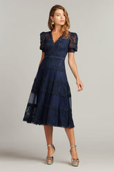 Tadashi Shoji BSU21108MD Pleated Floral Lace Midi Cocktail Dress