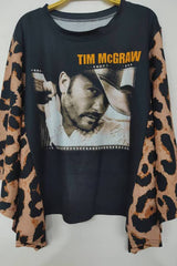 Leopard Sleeve Country Singer Printed Top
