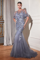 Long Formal Beaded Mermaid Cape Dress by LaDivine S438
