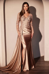 LaDivine S506 Long Formal Lace Fitted Evening Dress