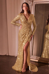 LaDivine CH054 Long Sleeve Formal Sequin Fitted Evening Dress