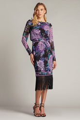 Tadashi Shoji CHZ25451M Midi Length Fringe Floral Fitted Cocktail Dress