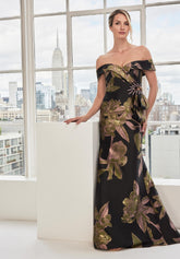 MGNY Madeline Gardner New York 73115 Long Metallic Floral Print Formal Dress