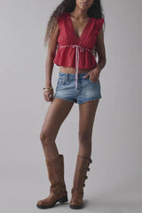 V-Neck Lace Ruffled Tie-Waist Crop Top