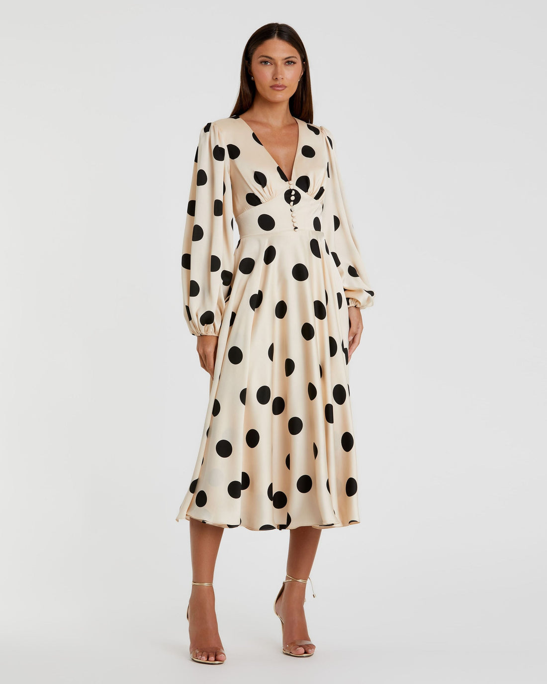 Long Sleeve Polka Dot Printed Dress Midi Cocktail Mac Duggal 27542