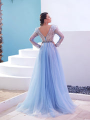 Modessa Couture M20362 A Line Long Sleeve Formal Sequin Evening Dress