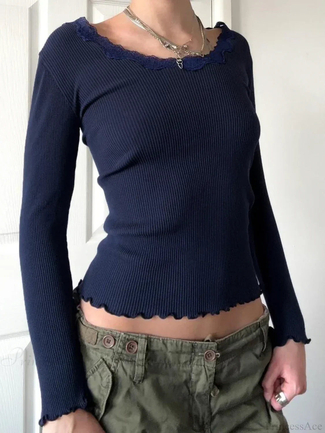 Casual Basic Lace Trim Slim Patchwork O-Neck Knit Top