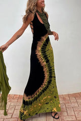 Summer Adventures Tie-dye Print Back Lace-up Stretch Maxi Dress（With built-in bra）